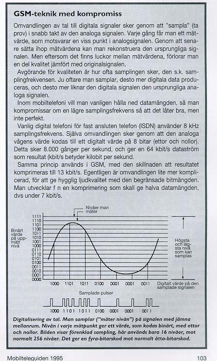 
Omvandlingen av tal till digitala signaler sker genom att `sampla' (ta
prov) ofta av den analoga signalen. Varje g�ng f�r man ett m�tv�rde,
som motsvarar den ursprungliga signalen i den punkten. Genom att
senare s�tta ihop m�tv�rdena kan man rekonstruera den ursprungliga
signalen. Eftersom det finns luckor mellan m�tv�rdena f�rlorar man en
del kvalitet j�mf�rt med originalsignalen.

<P>
Avg�rande f�r kvaliteten �r hur ofta samplingen sker, den
s.k. samplingsfrekvensen.  Ju oftare man samplar desto mer digitala
data produceras, och desto mer liknar den digitala signalen den
ursprungliga analoga signalen. Inom mobiltelefoni vill man vanligen
h�lla ned datam�ngden, s� man kompromissar om en l�gre
samplingsfrekvens s� att det l�ter bra, men inte perfekt.

<P>
Vanlig digital telefoni f�r fast ansluten telefon (ISDN) anv�nder 8
kHz samplingsfrekvens. Sj�lva omvandlingen sker genom att
den analoga v�gens v�rde kodas till ett digitalt v�rde p� 8 bitar
(ettor och nollor).
Detta sker 8000 g�nger per sekund, och ger en 64 kbit/s (kbit/s
betyder kilobit per sekund, eller 'antal tusen bitar per sekund')
datastr�m som resultat.  

<P>
Samma princip anv�nds i GSM, med den skillnaden att
resultatet komprimeras till 13 kbit/s.
Egentligen �r omvandlingen lite mer komplicerad, b�de tal och v�gform
kodas, fler parametrar utnyttjas, f�r att ge hygglig ljudkvalitet med
den begr�nsade bitm�ngden. Man utvecklar en komprimering som skall ge
halva datam�ngden, d.v.s. under 7 kbit/s.

<CENTER><P>Figur<BR>
Digitalisering av tal.
Man samplar ('m�ter niv�n') p� signalen med j�mna mellanrum. Niv�n i
varje m�tpunkt ger ett v�rde, som kodas bin�rt, med ettor och nollor.
Bilden visar f�renklad sampling, h�r anv�nds bara 16 niv�er mot
normalt 256 niv�er. Det ger en fyra-bitarskod mot normalt
�tta-bitarskod. 
</CENTER>